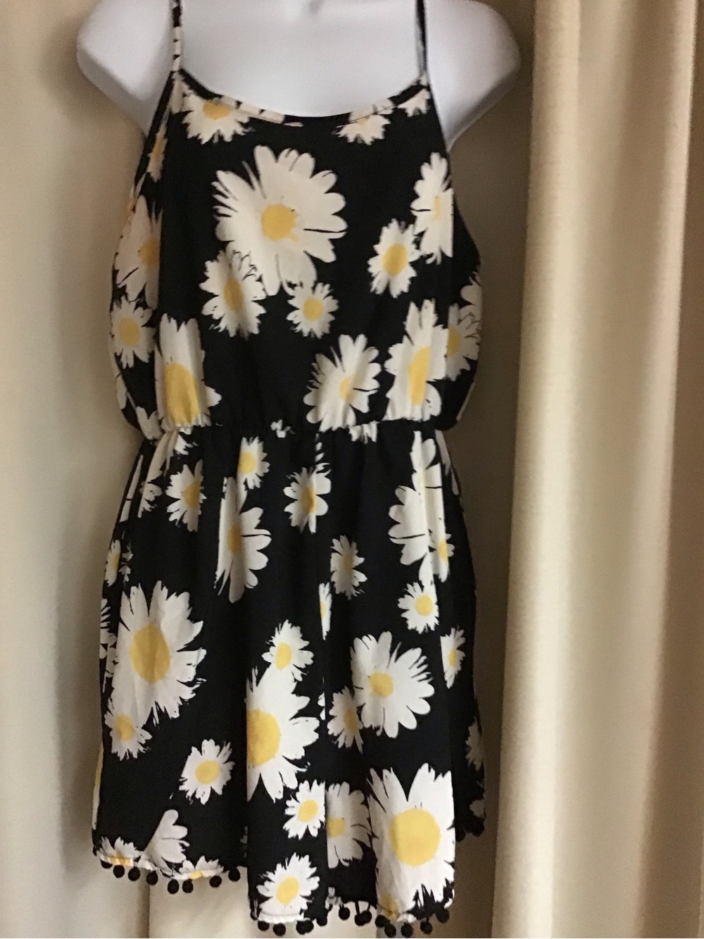 Black Daisy-Print Romper with Pom Hem